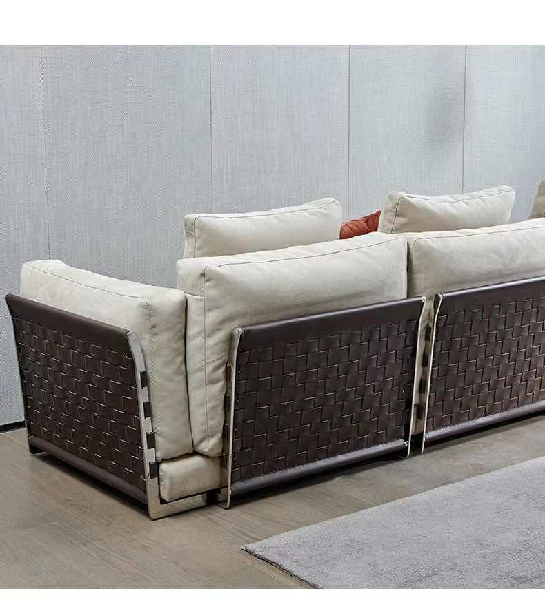 【Brand】Flexform Woven Sofa, Italian Designer Hand‑Woven Top‑Grain Leather Sofa, Goose Down Filled Modular Lounge Couch for Villa & Luxury Living Room