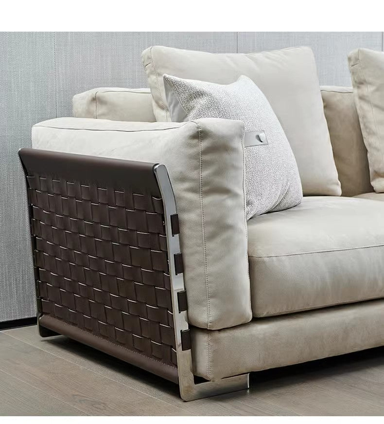 【Brand】Flexform Woven Sofa, Italian Designer Hand‑Woven Top‑Grain Leather Sofa, Goose Down Filled Modular Lounge Couch for Villa & Luxury Living Room