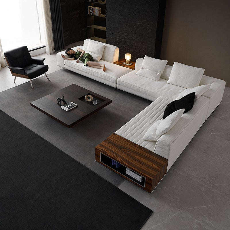 【Brand】Minotti‑Style Roger Corner Sofa, Italian Minimalist L‑Shaped Fabric Modular Sectional, Tailored Horizontal Quilted Upholstered Couch with Suspended Metal Base for Large Villa Living Room