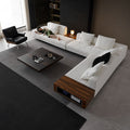【Brand】Minotti‑Style Roger Corner Sofa, Italian Minimalist L‑Shaped Fabric Modular Sectional, Tailored Horizontal Quilted Upholstered Couch with Suspended Metal Base for Large Villa Living Room