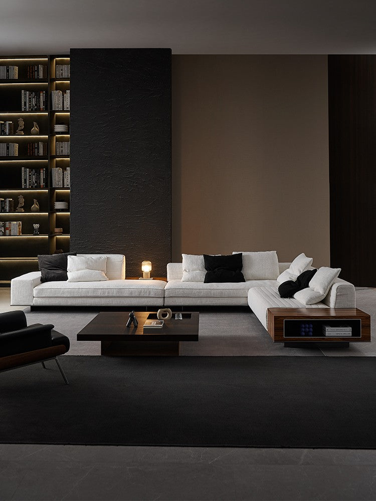 【Brand】Minotti‑Style Roger Corner Sofa, Italian Minimalist L‑Shaped Fabric Modular Sectional, Tailored Horizontal Quilted Upholstered Couch with Suspended Metal Base for Large Villa Living Room
