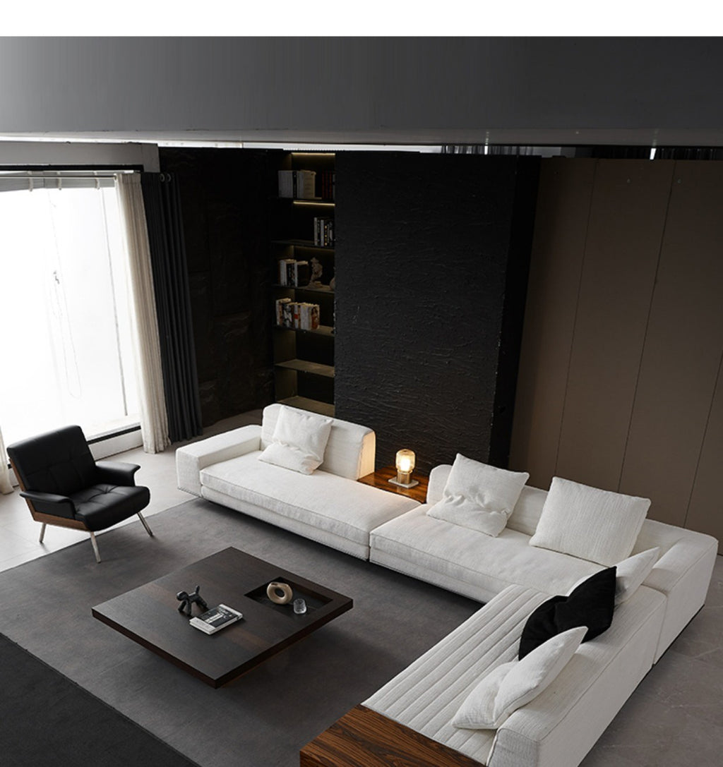 【Brand】Minotti‑Style Roger Corner Sofa, Italian Minimalist L‑Shaped Fabric Modular Sectional, Tailored Horizontal Quilted Upholstered Couch with Suspended Metal Base for Large Villa Living Room