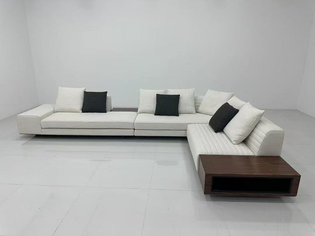 【Brand】Minotti‑Style Roger Corner Sofa, Italian Minimalist L‑Shaped Fabric Modular Sectional, Tailored Horizontal Quilted Upholstered Couch with Suspended Metal Base for Large Villa Living Room
