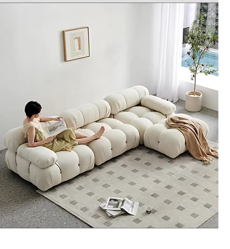 【Brand】Cameron Modular Sofa, Italian Minimalist Fabric Upholstered Sectional, Exposed Metal‑Wood Frame Goose‑Down Cushioned Couch for Large Living Room & Villa