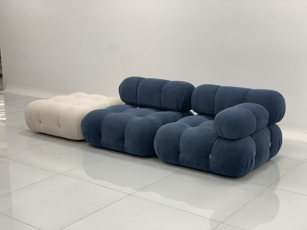 【Brand】Cameron Modular Sofa, Italian Minimalist Fabric Upholstered Sectional, Exposed Metal‑Wood Frame Goose‑Down Cushioned Couch for Large Living Room & Villa