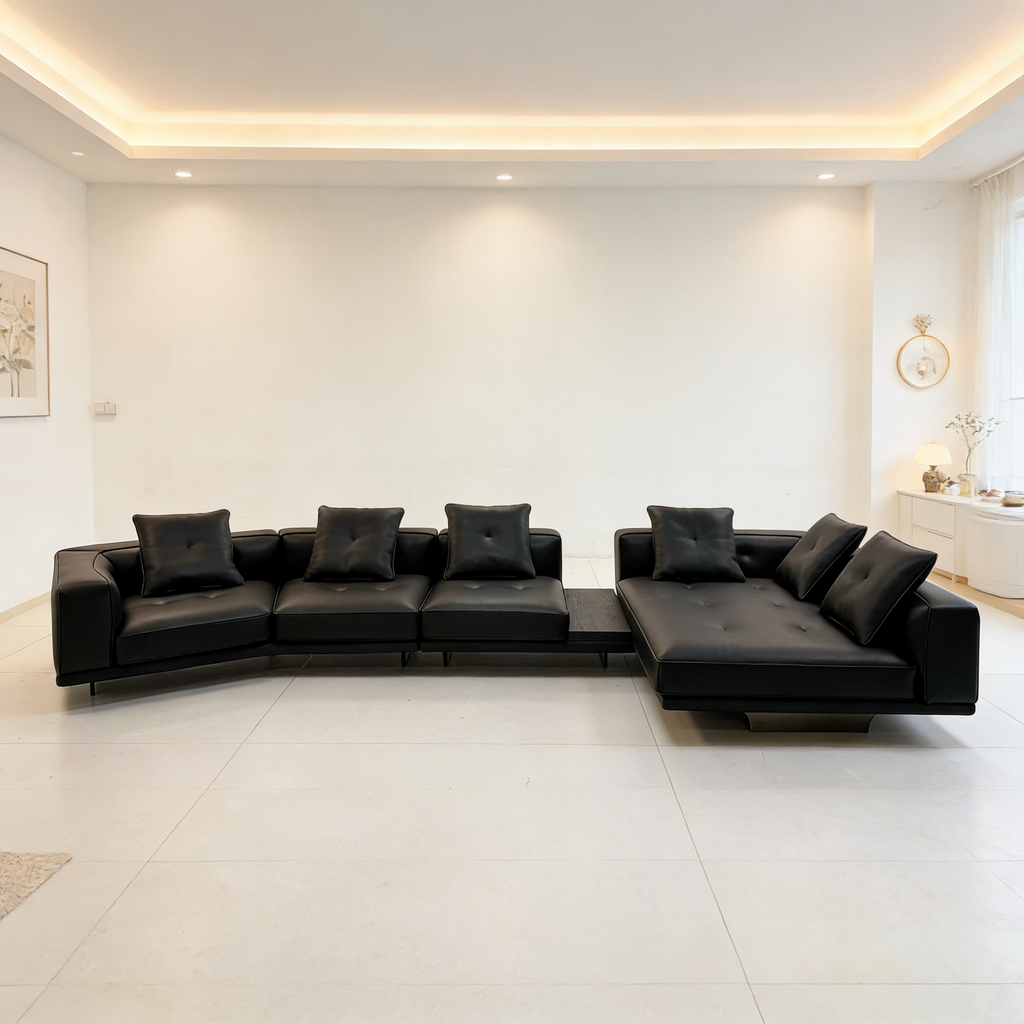【Brand】Dilan Grand Chaise Sofa, Italian Minimalist Modular Upholstered Fabric Sectional with Suspended Metal Base, Goose‑Down Filled Lounge Couch for Villa & Large Living Room