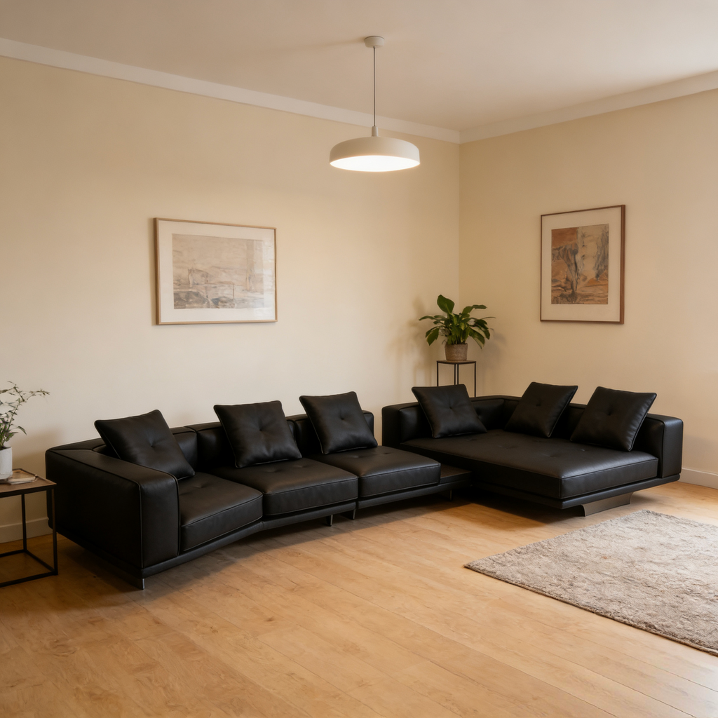 【Brand】Dilan Grand Chaise Sofa, Italian Minimalist Modular Upholstered Fabric Sectional with Suspended Metal Base, Goose‑Down Filled Lounge Couch for Villa & Large Living Room