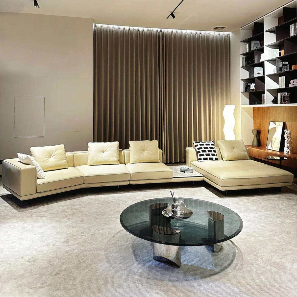 【Brand】Dilan Grand Chaise Sofa, Italian Minimalist Modular Upholstered Fabric Sectional with Suspended Metal Base, Goose‑Down Filled Lounge Couch for Villa & Large Living Room