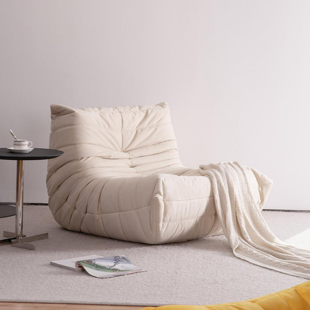 【Brand】Caterpillar Lounge Chair, Modern Fabric Upholstered Accent Chair, Segmented Pleated Frameless High‑Density Foam Leisure Chair for Reading Nook & Luxury Home