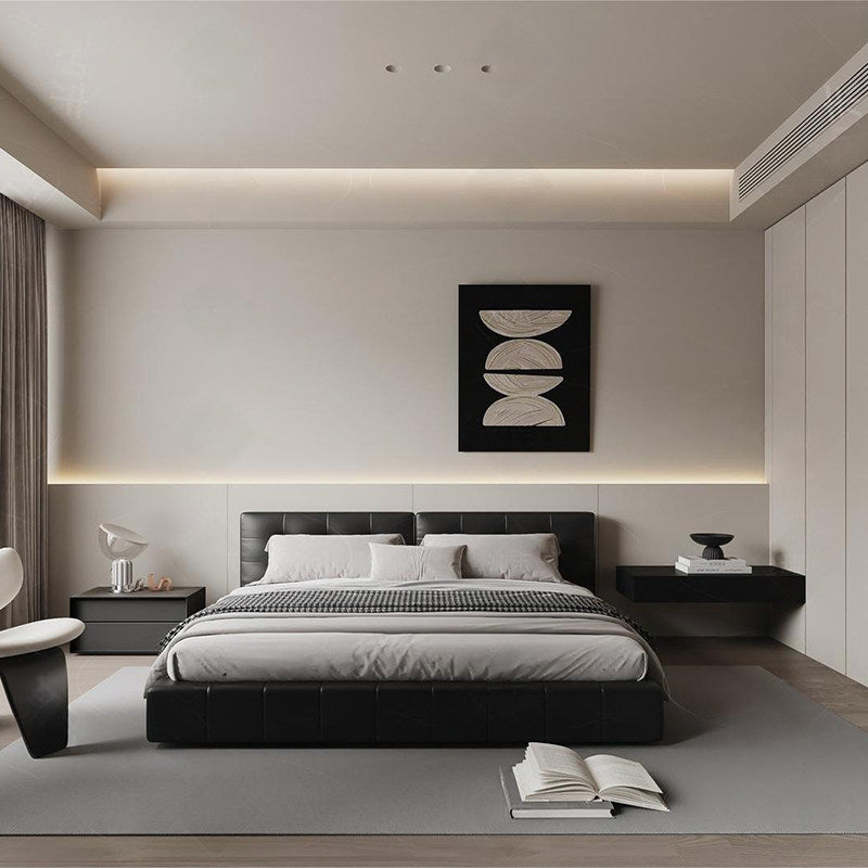 MARQI Lawrence Bed, Italian Minimalist Upholstered Platform Bed, Top Grain Nappa Leather, Square Stitched Wide Headboard, High Resilience Foam, Solid Plywood Frame, Luxury Designer Bed for Master Villa Bedroom