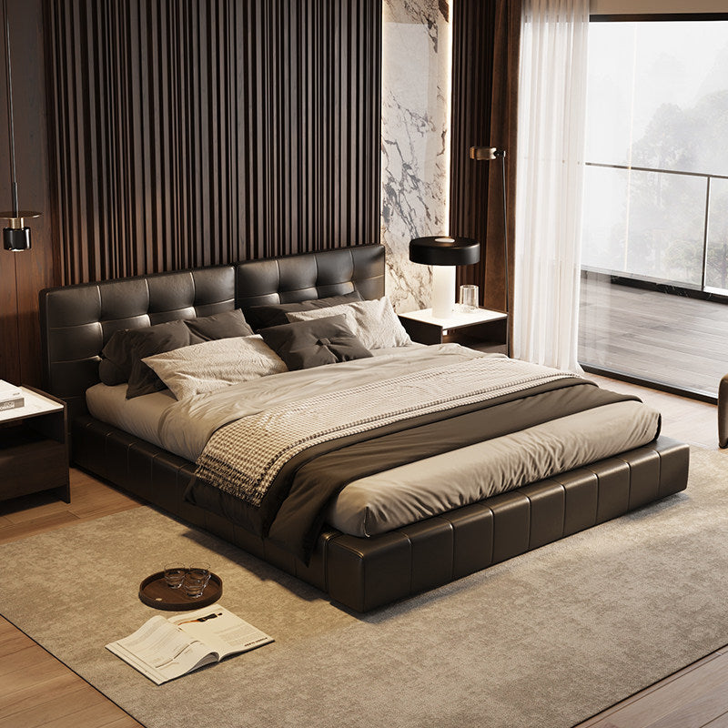 MARQI Lawrence Bed, Italian Minimalist Upholstered Platform Bed, Top Grain Nappa Leather, Square Stitched Wide Headboard, High Resilience Foam, Solid Plywood Frame, Luxury Designer Bed for Master Villa Bedroom