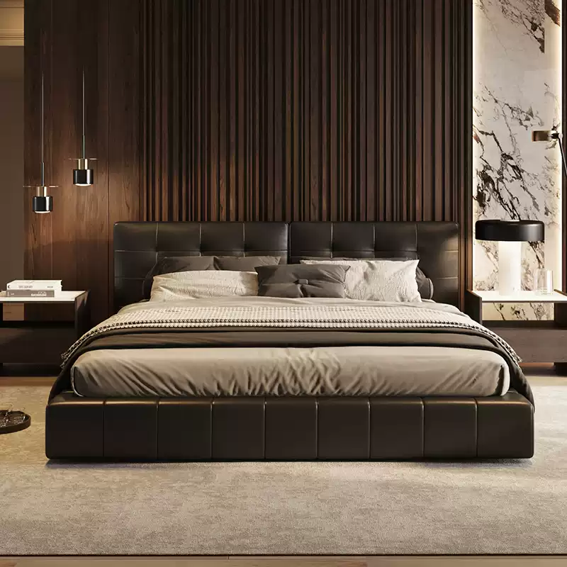 MARQI Lawrence Bed, Italian Minimalist Upholstered Platform Bed, Top Grain Nappa Leather, Square Stitched Wide Headboard, High Resilience Foam, Solid Plywood Frame, Luxury Designer Bed for Master Villa Bedroom