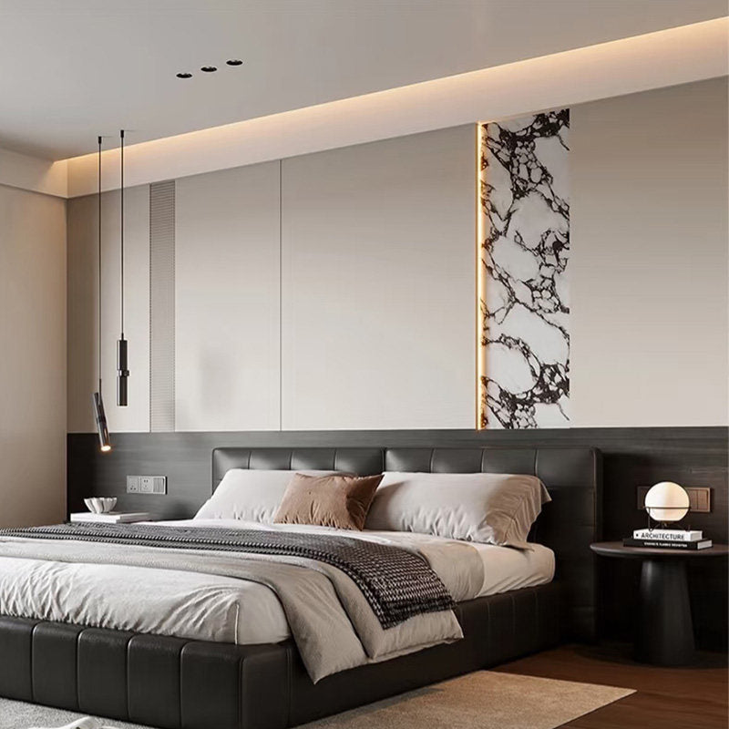 MARQI Lawrence Bed, Italian Minimalist Upholstered Platform Bed, Top Grain Nappa Leather, Square Stitched Wide Headboard, High Resilience Foam, Solid Plywood Frame, Luxury Designer Bed for Master Villa Bedroom