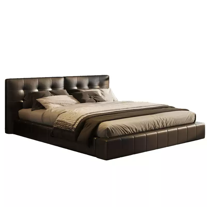 MARQI Lawrence Bed, Italian Minimalist Upholstered Platform Bed, Top Grain Nappa Leather, Square Stitched Wide Headboard, High Resilience Foam, Solid Plywood Frame, Luxury Designer Bed for Master Villa Bedroom