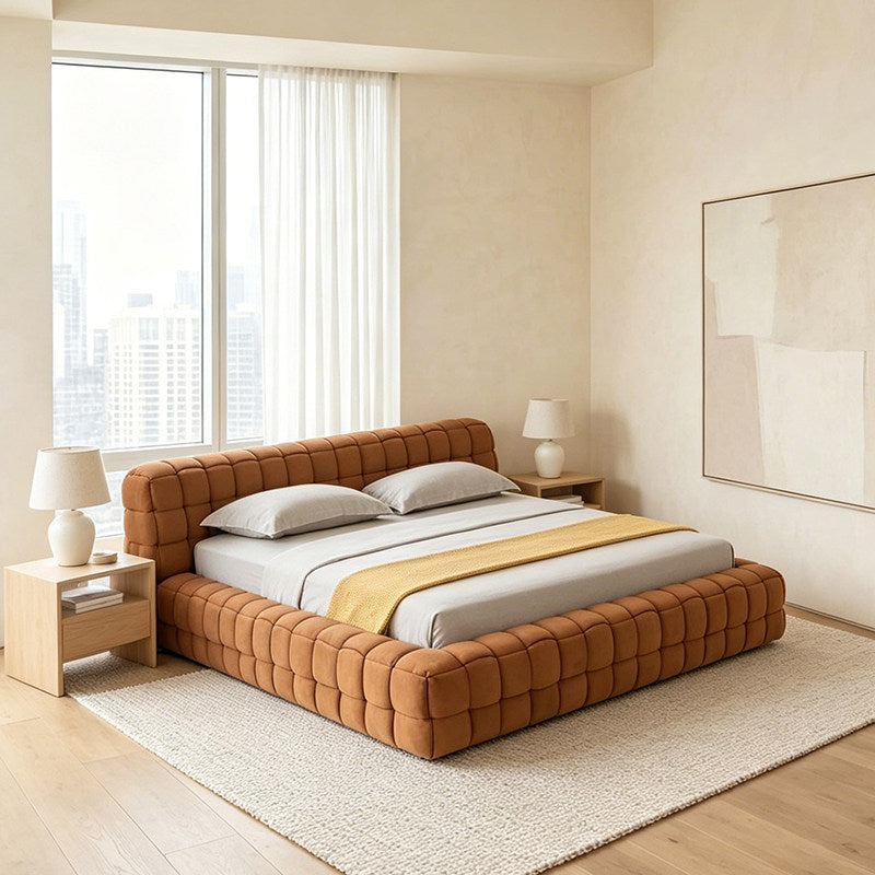 MARQI Flexform Woven Bed, Designer Upholstered Bed, Textured Woven Fabric Headboard, Solid Plywood Slat Base, Contemporary Luxury Bed for Large Bedroom