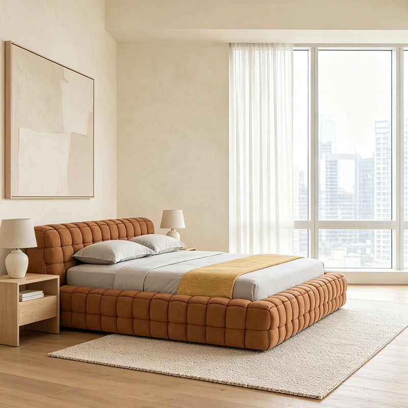 MARQI Flexform Woven Bed, Designer Upholstered Bed, Textured Woven Fabric Headboard, Solid Plywood Slat Base, Contemporary Luxury Bed for Large Bedroom