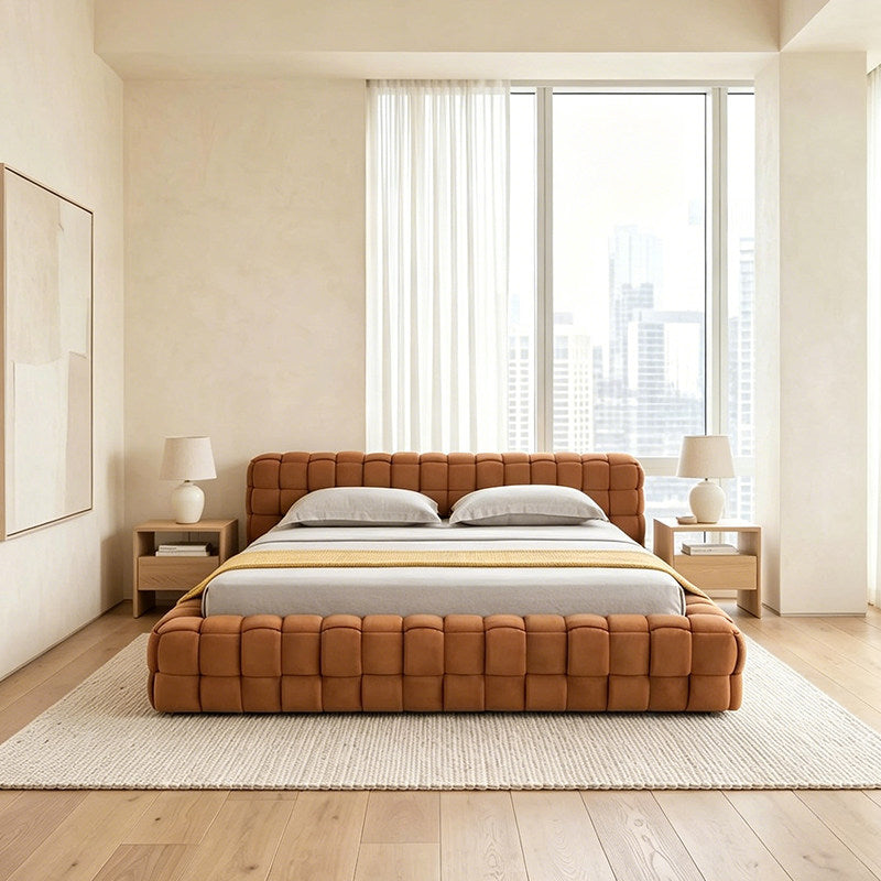 MARQI Flexform Woven Bed, Designer Upholstered Bed, Textured Woven Fabric Headboard, Solid Plywood Slat Base, Contemporary Luxury Bed for Large Bedroom