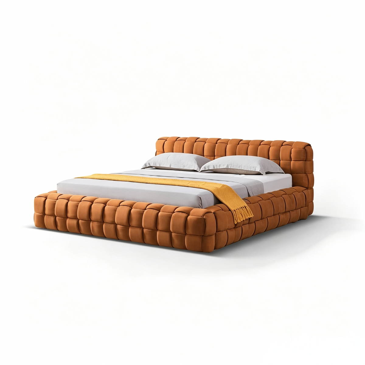 MARQI Flexform Woven Bed, Designer Upholstered Bed, Textured Woven Fabric Headboard, Solid Plywood Slat Base, Contemporary Luxury Bed for Large Bedroom