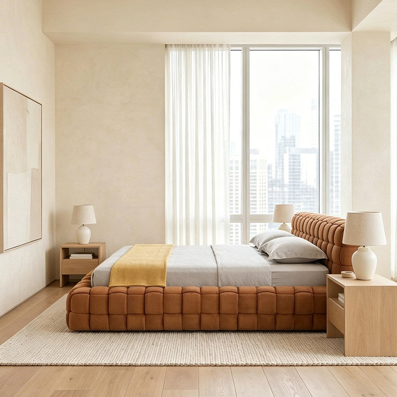 MARQI Flexform Woven Bed, Designer Upholstered Bed, Textured Woven Fabric Headboard, Solid Plywood Slat Base, Contemporary Luxury Bed for Large Bedroom