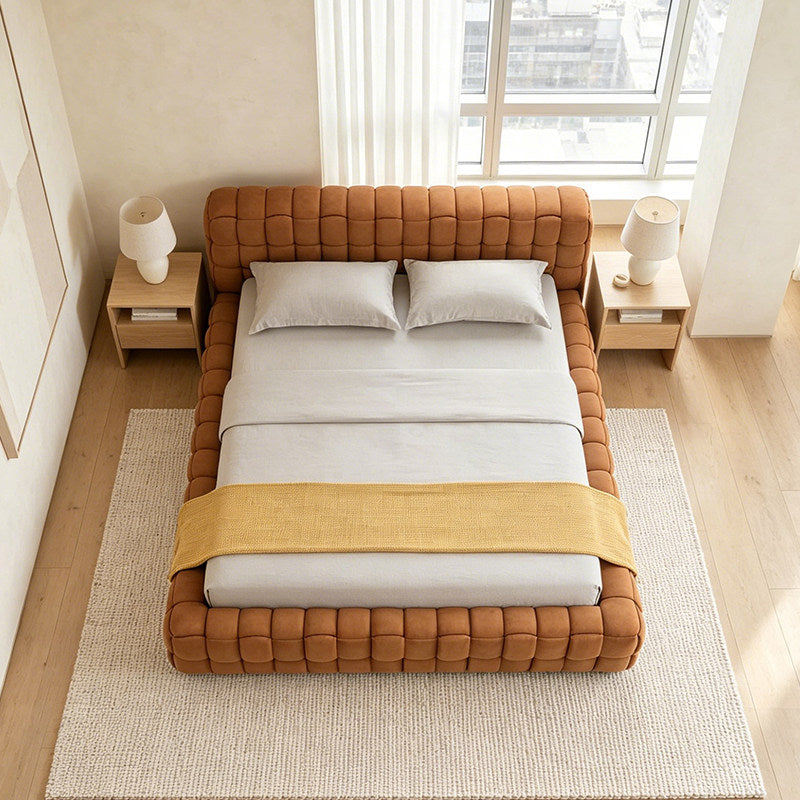 MARQI Flexform Woven Bed, Designer Upholstered Bed, Textured Woven Fabric Headboard, Solid Plywood Slat Base, Contemporary Luxury Bed for Large Bedroom