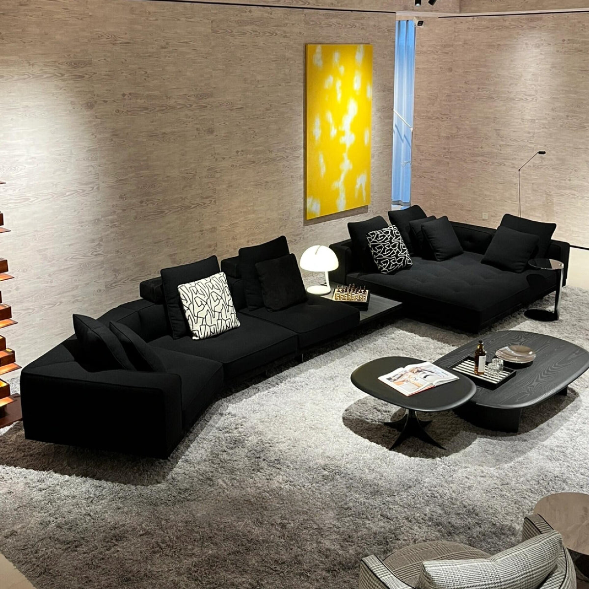 【Brand】Dilan Grand Chaise Sofa, Italian Minimalist Modular Upholstered Fabric Sectional with Suspended Metal Base, Goose‑Down Filled Lounge Couch for Villa & Large Living Room