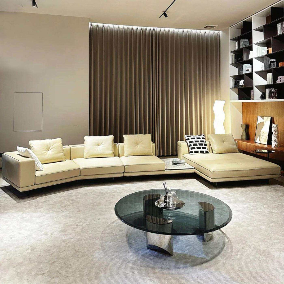 【Brand】Dilan Grand Chaise Sofa, Italian Minimalist Modular Upholstered Fabric Sectional with Suspended Metal Base, Goose‑Down Filled Lounge Couch for Villa & Large Living Room