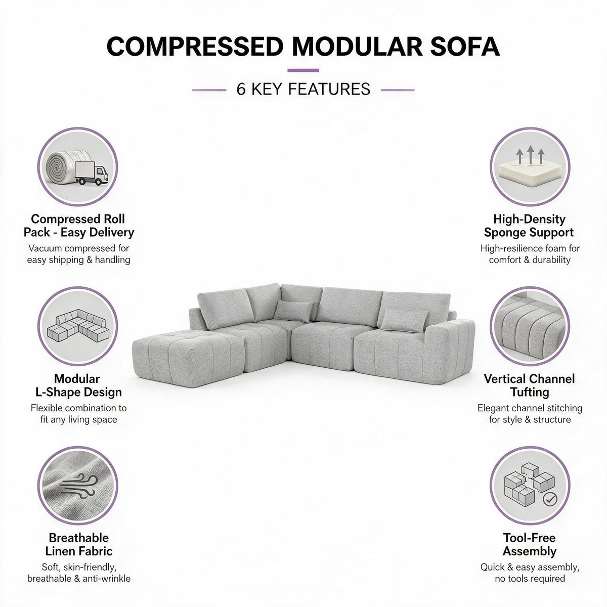 Compressed Sofa Couch, Roll‑Packed Vacuum Foam Sofa, No Heavy Cargo Trouble, Furniture for Cross‑Border Supply