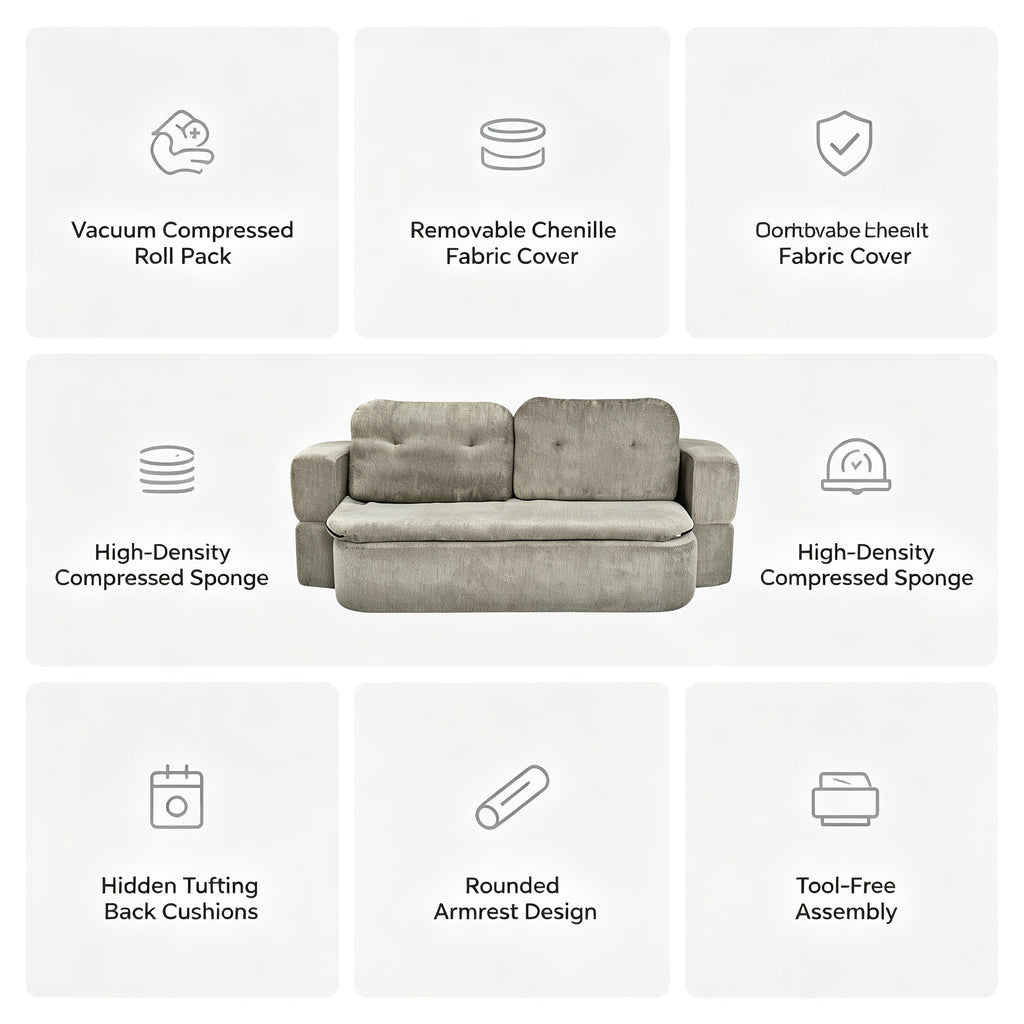 Roll‑Pack Compressed Fabric Sofa, Compact Box Delivery, Modern Couch for Living Room Decoration