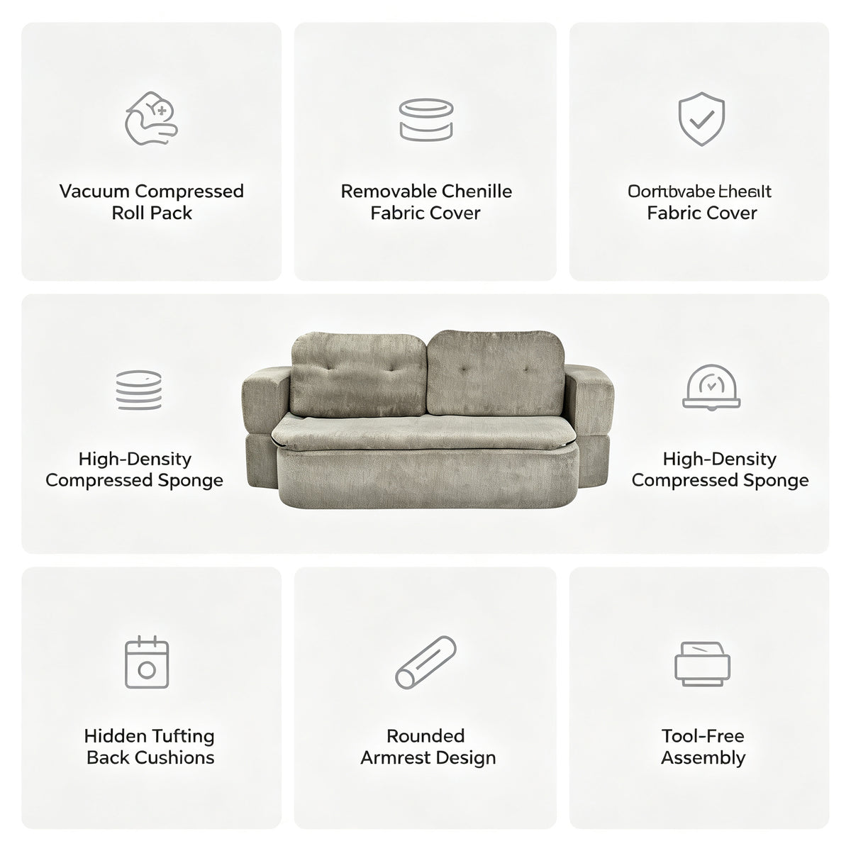 Roll‑Pack Compressed Fabric Sofa, Compact Box Delivery, Modern Couch for Living Room Decoration