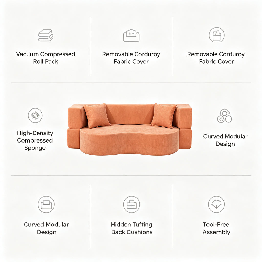 Compressed Sofa, Roll‑Packed Upholstered Couch, Sponge Sofa, Comfort Seating for Home & Rental House