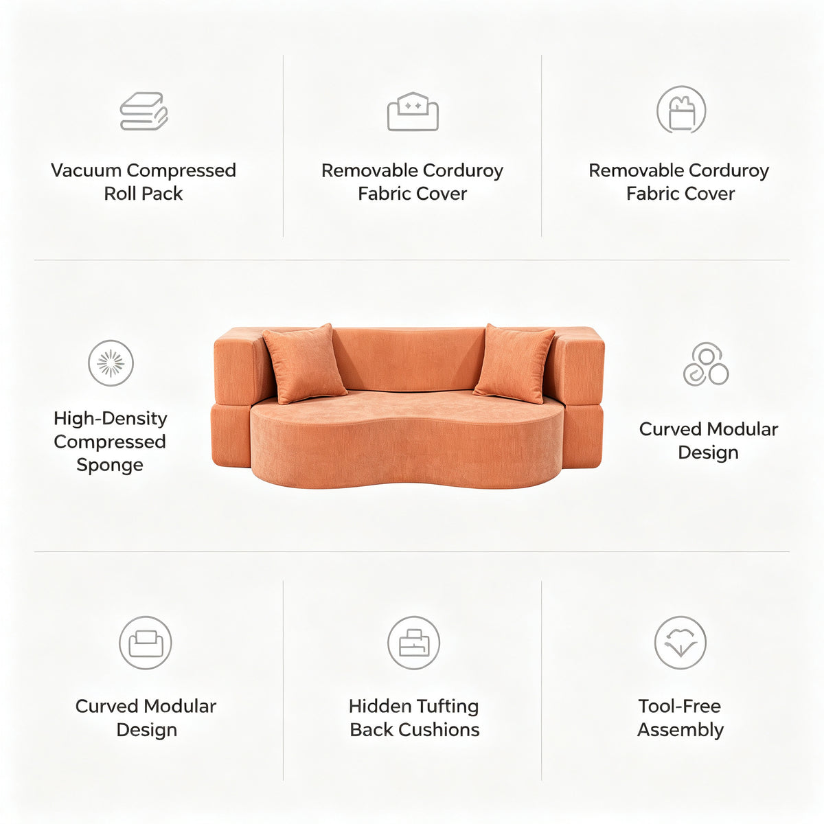 Compressed Sofa, Roll‑Packed Upholstered Couch, Sponge Sofa, Comfort Seating for Home & Rental House